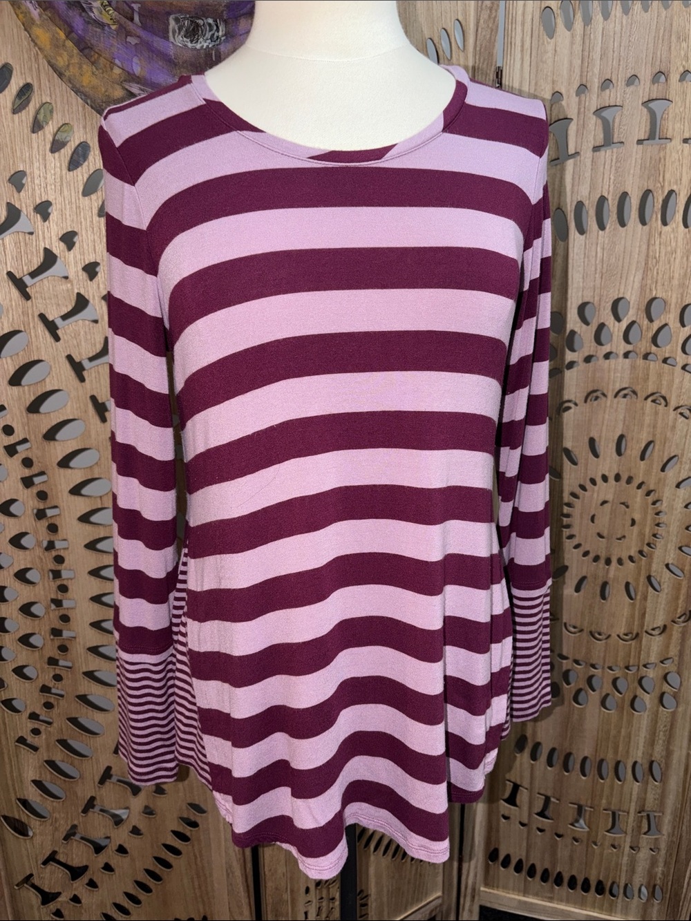LOGO by Lori Goldstein Striped Long-Sleeve Tee in Light Pink and Plum
